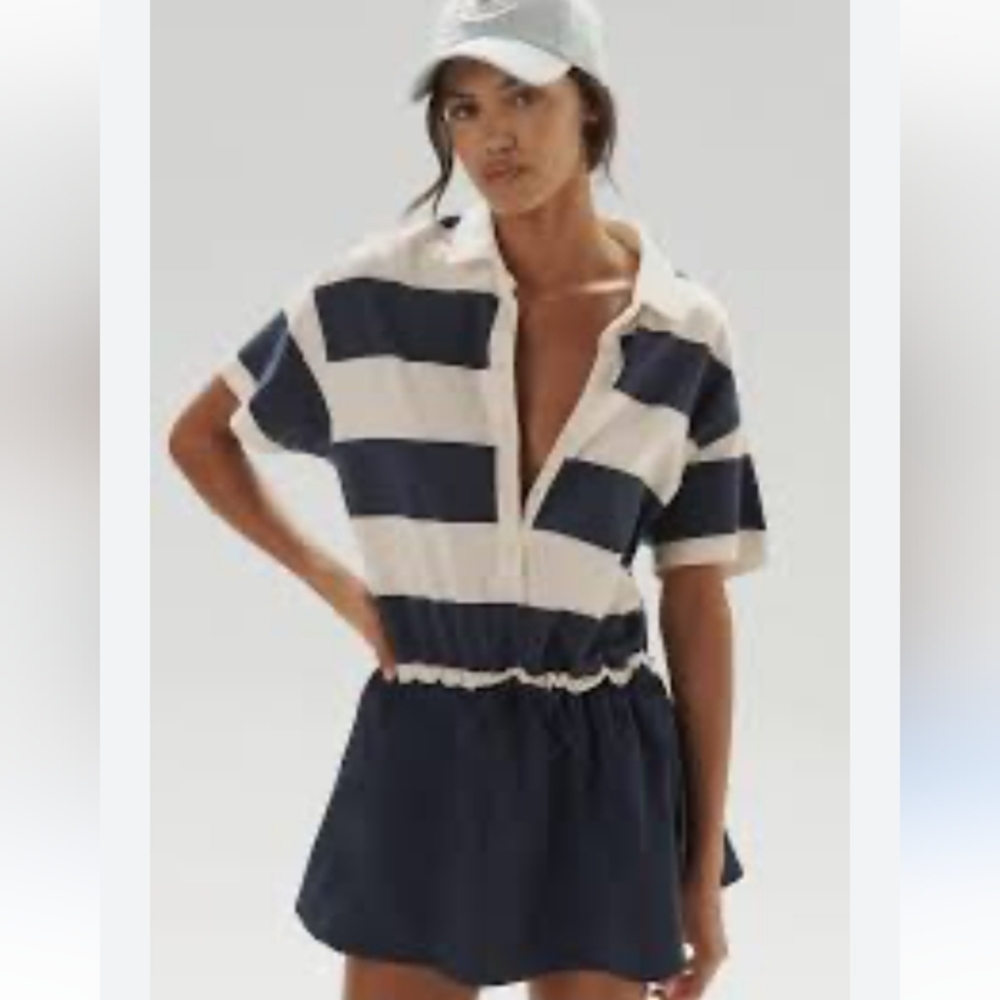DAILY PRACTICE ANTHROPOLOGIE TWOFER EMBER MINI DRESS RUGBY STRIPED XS NAVY WHITE
